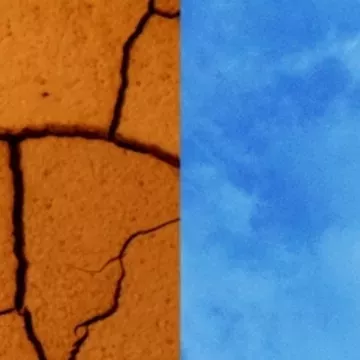 Two images juxtaposed of dirt and sky